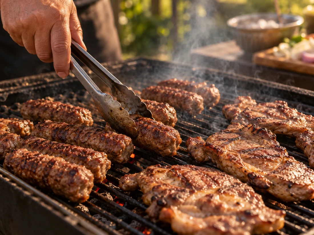 Romanian mici sausages and pork neck on the grill